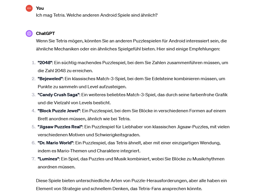 Screenshot ChatGPT Prompt um neue Spiele zu finden