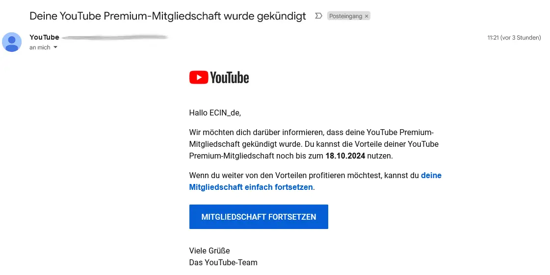 YouTube Premium Kündigung Bestätigungsmail