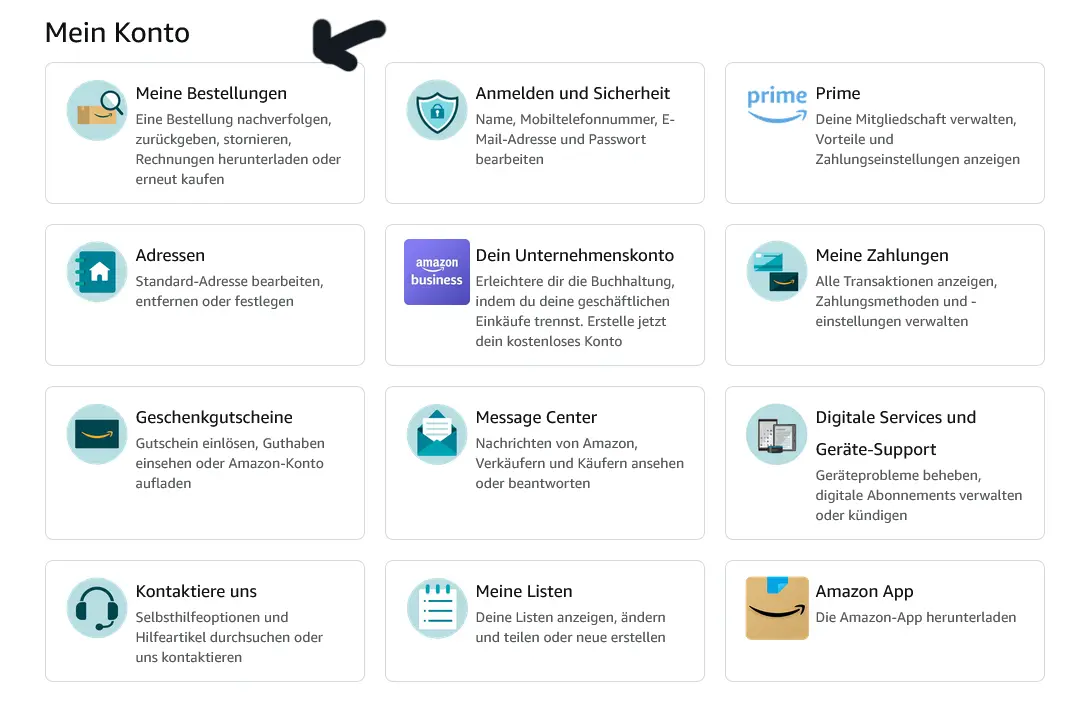 Amazon Mein Konto Übersicht / Meine Bestellungen anzeigen